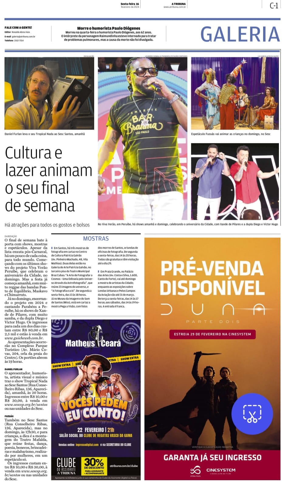 Jornal A TRIBUNA- 16/Fev/24